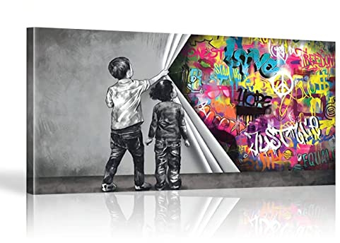 HOLEILUCK Banksy Graffiti-Kind Ungedeckte Gerechtigkeit, übergroßer Wand-Kunstdruck, Junge hinter dem Vorhang, Bilddekoration, 27,56 x 64,96 Zoll (70 x 165 cm), mit Rahmen