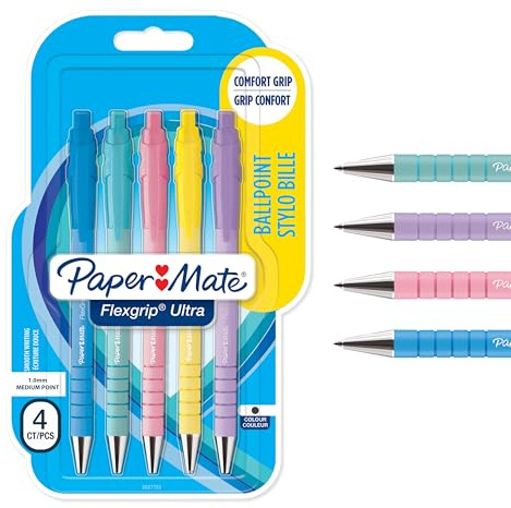 Paper Mate Flexgrip Ultra stylo bille rétractable | pointe moyenne (1,0 mm) | encre noire | couleurs pastel | lot de 5