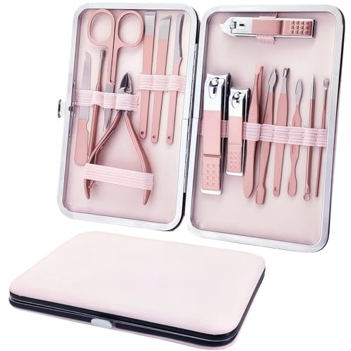 16PCS Manicure & Pedicure Kit - Professional Stainless Steel Nail Clippers Set with Portable Pink Travel Case, Rose Gold All-in-One Grooming Tools for Women, Ideal Nail Care Gift Set
