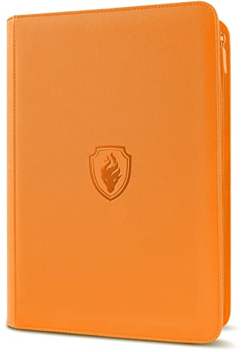 Premium Zip Card Binder, Fabmaker 9 Pocket Trading Card Binder, PU Cover Zipper Card Collection Album, Sturdy 360 Side-Loading Card Folder Holder for Game & Sports Cards, Orange