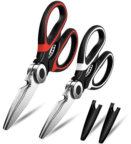 KISUOMAOYI Tijeras de cocina resistentes, tijeras de cocina afiladas multiusos de acero inoxidable, tijeras de cocina para pollo, carne de aves de corral, barbacoa, abrebotellas y tarros (2 piezas)