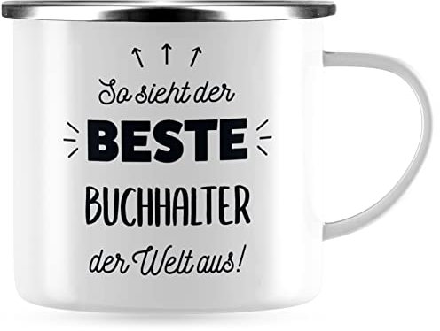JUNIWORDS Emaille-Tasse, So sieht der beste Buchhalter der Welt aus!, Silberner Tassenrand (5846672)