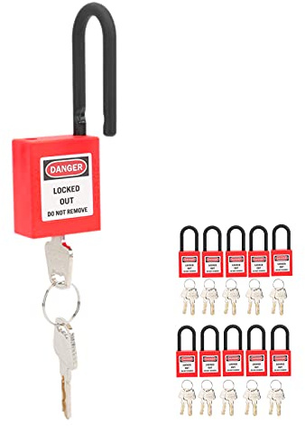 Jeu de 10 Cadenas de Consignation en Nylon 38mm avec Deux Clés pour Applications Électriques Hydrauliques et Pneumatiques Intérieures et Extérieures Rouge