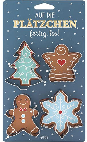 Ausstecher-Set Motiv Fertig: Keksausstecher-Set bestehend aus Weihnachtsbaum, Pfefferkuchenmann, Schutzengel und Schneeflocke, mit Plätzchen-Rezept auf der Rückseite