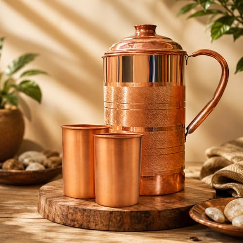 Adoko Jarra de agua de cobre puro de 2 litros con 2 vasos, jarra de cobre para agua potable y almacenamiento con beneficio para la salud ayurveda y acabado liso