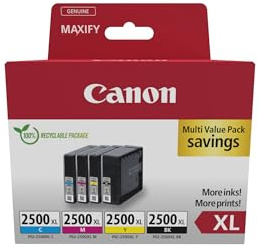 Canon PGI-2500XL, Cartuchos de Tinta Original, Multipack, 4 Cartuchos de Tinta Independientes, Color Negro, Magenta, Cian, Amarillo, Compatible con Impresoras de Inyección de Tinta MAXIFY