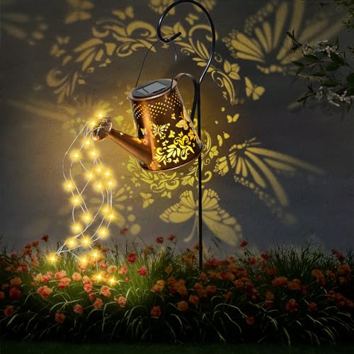 Solar Giesskanne mit Lichterkette Aussen, LED Schmetterling Solarleuchten Außen, Solarlampen mit Schäferhaken Wetterfest, Gartendeko für Draußen Yard Rasen Weihnachten