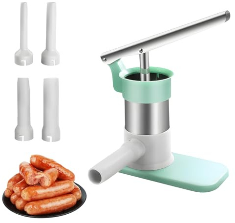 wurstfüller manuell edelstahl, Wurstfüller Wurstmaschine für den Haushalt, Manuelle Wurstfüllmaschine mit 4 verschiedene Füllrohre Wurstpresse, Sausage Maker, Machen Sie Köstliche Würstchen