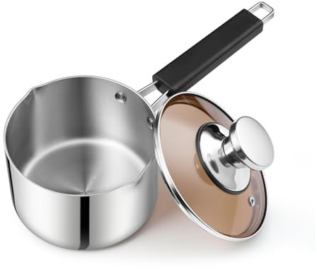 Homikit 14cm Tri-Ply Saucepan, Stainless Steel Milk Cooking Pan with Small Pouring Lips & Glass Lid, Suitable for Induction, Gas & Electric Hobs, Healthy, Mirror Finished & Easy Clean - 1 L