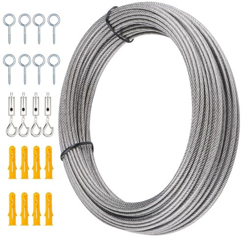 TXErfolg 20M Cable de Acero Inoxidable 2mm Juego de Enrejado de Cable PVC 7X7 Cables de Acero nylon Revestida para Colgar Luces De Cadena Toldos Tendedero Soporte Planta línea de ropa