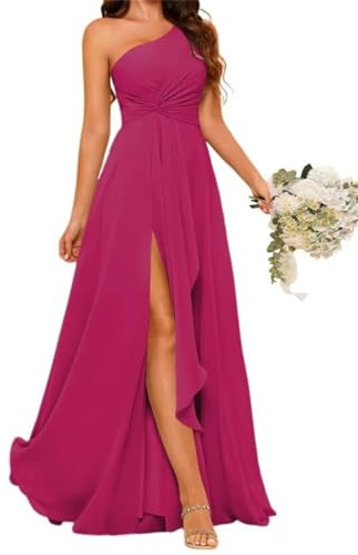 Vestido de dama de honor de princesa con un hombro, plisado, de gasa, formal, vestido de fiesta de noche con abertura, fucsia, 36