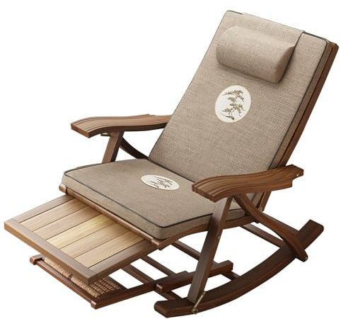 Klappbare Chaiselongue Aus Bambus, Sonnenliege Für Den Garten Im Freien, Liegestuhl Aus Holz, 5-fach Verstellbare Rückenlehne, Zero-Gravity-Liegestuhl Mit Abnehmbarer Baumwollm(Color:Walnuss-kurzgrau)