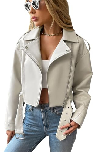 LY VAREY LIN Cropped-Jacke für Damen, Kunstleder, vegan, Motor-Biker-Mantel mit Gürtel, Beige, Small