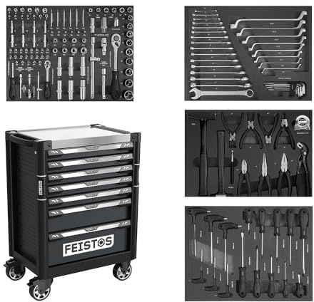 FEISTOS Werkzeugwagen Mento 3 | Werkstattwagen bestückt mit 158 Teilen | Schwarz | 73x48x97 cm | Modular & abschließbar