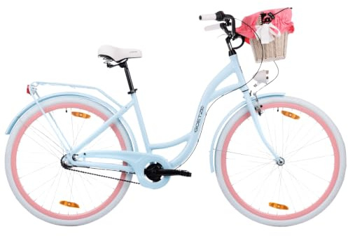 Goetze Style 28 Zoll Laufrad Damen CityBike Komfort Fahrrad mit 3-Gang | 18 Zoll ALU Rahmen, Tiefeinsteiger, 14 kg, Rücktrittbremse & V-Brake, LED-Beleuchtung, Rattankorb, Gepäckträger & Klingel