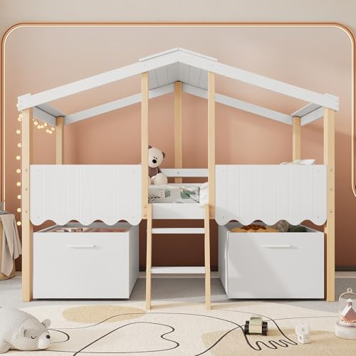 Mid-Sleeper Wooden House Bed with 2 Large Drawers and Slatted Frame, 3FT Single Tree House Canopy Loft Bed with Ladder & Guard Rail, Space-Saving Children's Cabin Beds, White, 90x190 cm, No Mattress
