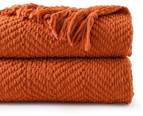 Battilo Burnt Orange Throw Blanket for Sofa, Woven Knitted Blanket with Tassels, Super Soft Bedspread Decorative Large Throw Blanket for Bed Chair Couch Picnic Fall Decor, 150x200cm