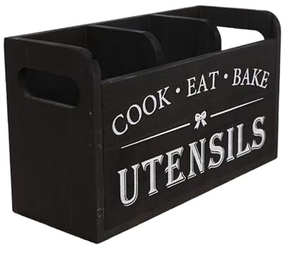 Portautensili da cucina, in legno, 30 x 12 x 17 cm, organizer per stoviglie a 3 scomparti, compatto e salvaspazio, con fori di drenaggio per controsoffitti