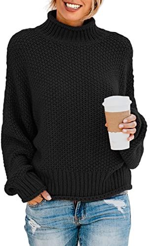 Yuson Girl Pull Femme Hiver Chaud Col Montant Col Roulé Sweater Casual Manches Longues Tricoté Thermique Épais Pull Élégant pour Automne et Hiver,Noir,L