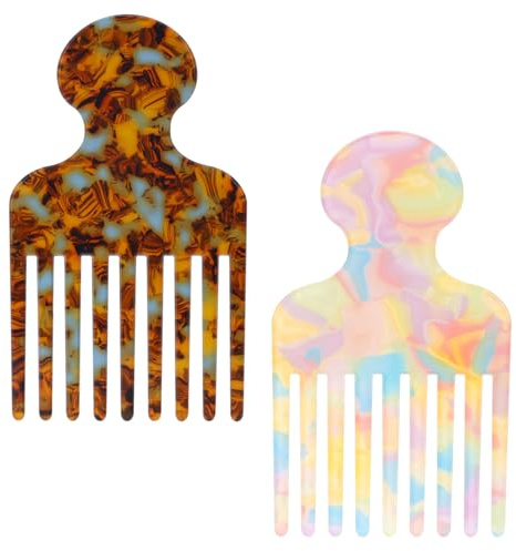 Tinoaly 2pcs Wide Tooth Hair Pick Comb for Curly Hair, 4.72in Smooth Detangling Lifting Comb Styling Tool for Men Women Thick Long Hairs Volumizing and Reducing Knots (Colorful)
