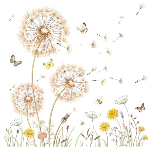 FUFUQUARE Yellow Dandelion Wall Stickers Boho Floral Butterfly Wall Art Decal Peel and Stick for Living Room Bedroom Nursery Background Décor