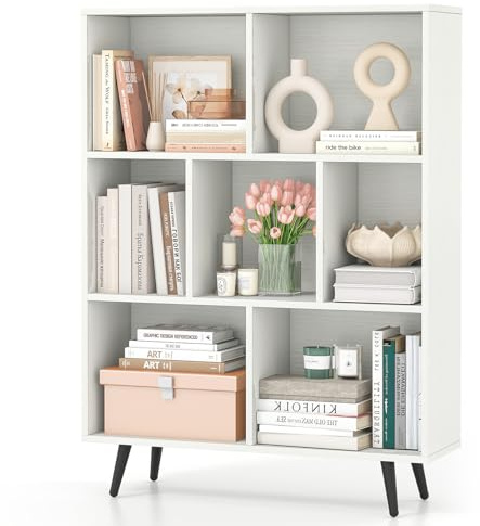 COSTWAY Libreria a 7 Cubi, Organizzatore di Stoccaggio Moderno con 4 Gambe di Metallo, Scaffale per Esposizione con 2 Kit Anti-Ribaltamento per Soggiorno Studio Camera da Letto, Bianco (80x24x107cm)