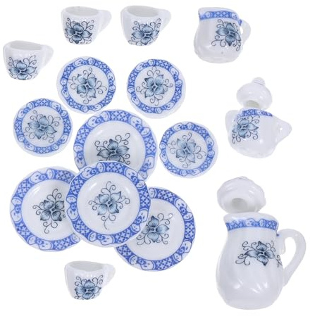 LRXIYODE Doll House Tea Set Model 15Pcs Miniature Ceramic Teapot Cups Plates Vintage Style Pretend Play Accessories for Kids Kitchen Toy