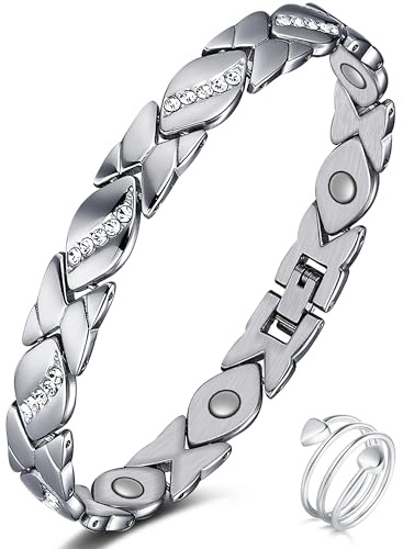 Jeracol Kupfer-Armband und Kupferring einstellbar Magnetarmband mit Kraftmagnete(Silber-kristall)