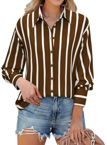 siliteelon Button Down Shirts for Women Striped Long Sleeve Oversized Boyfriend Blouses Collared Work Drop Shoulder Tops Brown and White