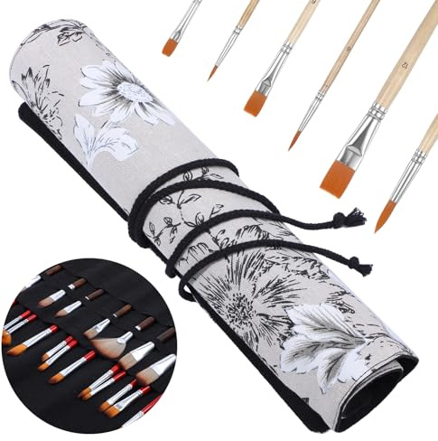 Yolev Paint Brush Holder Storage 20 Slots Paintbrush Holder Peony Art Brush Roll Canvas Pouch Roll Up Brush Bag Case Protect Acrylic Oil Watercolor