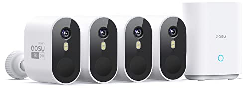 aosu 2K Caméra Surveillance WiFi Extérieure Intérieur sans Fil, 4 Cameras Kit avec aosuBase, sans Abonnement, Ultra Grand Angle, Autonomie Jusqu’à 240 Jours, Alerte Al Détection, Suivi Inter-Caméras