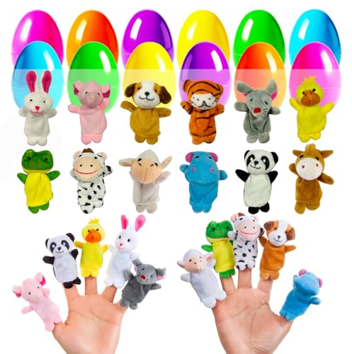 LIYROIUB 12 Pack Easter Egg Filled with Animal Finger Puppets Plush Toys - Easter Basket Stuffers & Prefilled Easter Eggs Hunt Prize Party Favors for Kids
