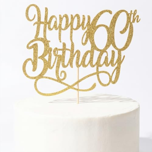 60th Birthday Cake Topper Gold - Elegant Happy 60th Cake Decorations for Adults - Pre-Attached Glitter Paper Topper for Anniversary & Celebration (Gold)