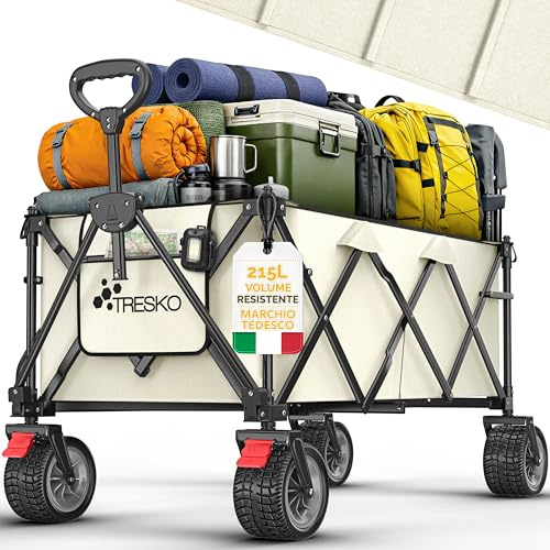 TRESKO® Carrello pieghevole da 215 L con freno, carrello pieghevole da 150 kg con pneumatici in gomma piena, pieghevole, extra large, ruote per tutto il terreno, con borsa per il trasporto