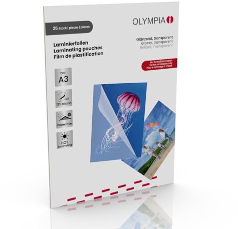 Olympia Laminierfolien A3 125 Micron 25 Stück – Premium Laminier Taschen Glänzend, Extra Stark & Reißfest – Laminierfolie für Dokumente, Fotos, Speisekarten – Kompatibel mit Laminiergerät, 9183