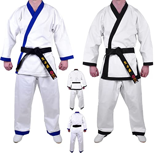 MAR | White Karate Gi, Karate Trousers | Men & Women; Kids & Adult Sizes | Traditional Uniform Blue Trims, 8oz Fabric Suit, Kids Karate Suit + FREE Karate Belt (3/160)