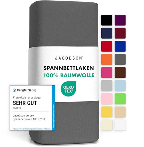 Jacobson Jersey Spannbettlaken Spannbetttuch Baumwolle Bettlaken (180x200-200x200 cm, Anthrazit)