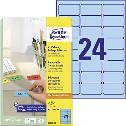 Avery L6032-20 Printable Labels with Removable Adhesive (Label Size 63.5 x 33.9 mm, 20 A4 Sheets per Pack) - Blue