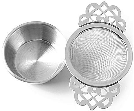 Yzki Tea Filter, Stainless Steel Tea Strainer with Bowl, Lace Double Handles Traditional Loose Leaf Tea Strainer Ultra Fine Mesh Tea Infuser (Silver)