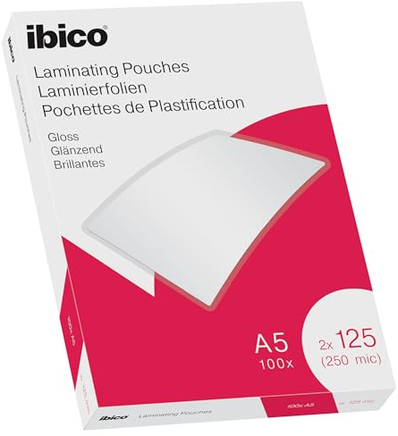 Ibico A5 Laminating Pouches, 250 Micron (2x125), High Document Protection & Durability, Pack of 100, Gloss Finish, Crystal Clear, 627315