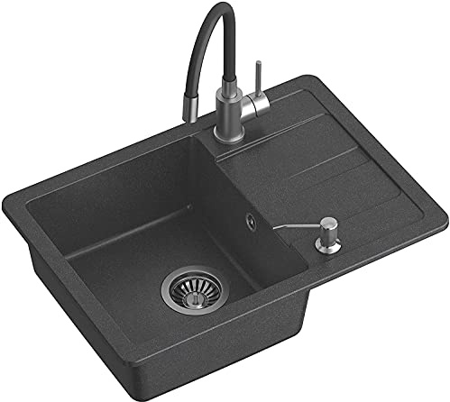 VBChome Spülbecken mit Armatur Schwarz 62 x 44 cm Granit Einzelbecken Einbauspüle Abtroffläche gesprenkelt reversibel flexible Armatur Verbundspüle + Siphon
