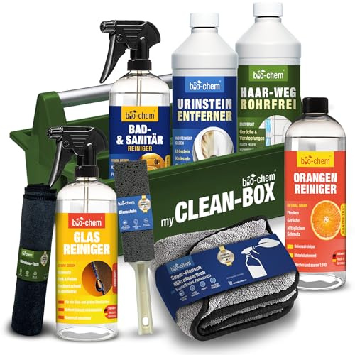 bio-chem Badreiniger Set 9-teilig für Bad & WC | Mit Haar-Weg, Urinsteinentferner, Sanitärreiniger, Glasreiniger, Orangenreiniger & Zubehör