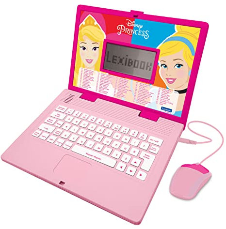 LEXIBOOK, Disney Princess, Educational and Bilingual Laptop Spanish/English, Girls Toy with 124 Activities to Learn, Play Games and Music, Pink, JC598DPi2