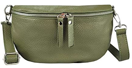 Made in Italy Damen Leder Tasche Handytasche Gürteltasche Crossbody Hüfttasche Bauchtasche Umhängetasche Cross-Over Bodybag Schultertasche Kosmetiktasche Olivgrün