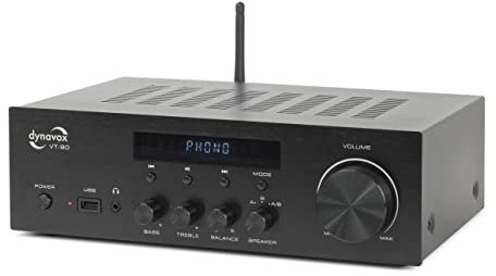 Dynavox Stereo Kompakt-Verstärker VT-90, schraubbare Anschluss-Terminals für 4 Lautsprecher, Fernbedienung, Phono-Eingang, BT-Streaming, schwarz