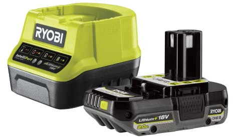 RYOBI 18 V Akku-Starter-Set RC18120-120C (2,0 Ah Lithium+ Akku, Schnellladegerät mit 2,0A Ladestrom, Lithium+ Akkutechnologie setzt Maßstäbe für Laufzeit, Leistung und Lebensdauer, IntelliCell™)