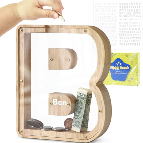 DBPBToU Spardose Kinder Holz Buchstaben Spardose (B) | Personalisiert Sparschwein Kinder，Durchsichtiges, Geburtstag Geschenk/Heimdekoration/Keepsake