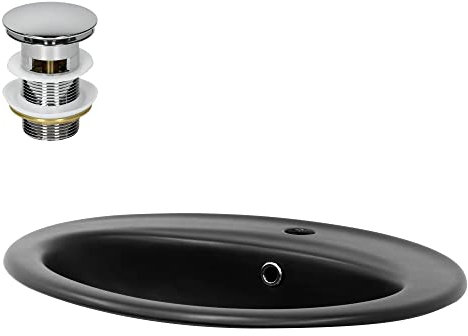 ML-Design Lavabo en Céramique Noir Mat 57x48,5x19,5 cm avec Bouchon de Vidange 1 1/4 Universelle et Trop-Plein, Design Ovale, Vasque à Encastrer Moderne, Évier Lave-Mains pour Salle de Bain