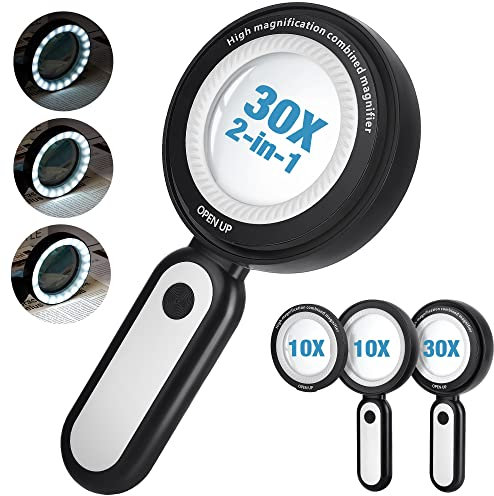 MOJINO Lupe mit Licht, Beleuchtete 30X 10X Vergrößerung mit 21 Led Licht, Kleine 10Fach 30Fach Leselupe für Senioren groß, Inspektion, Münzen, Briefmarken, Bücher (Schwarz)