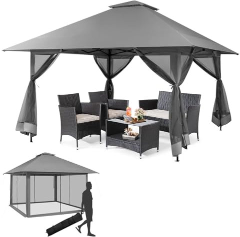 RELAX4LIFE Pavillon 4 x 4m, Wasserdichter & Sonnengeschützter Gartenpavillon, Höhenverstellbares Doppeldach-Gartenzelt mit Abnehmbarem Netzbezug, für Grillfeste, Hochzeiten, Camping(Grau)